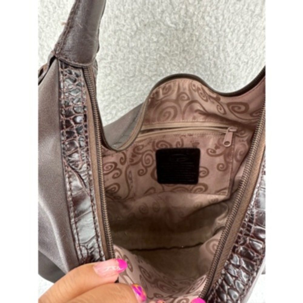 Brighton Hobo Bag Womens Brown Leather Croc Trim Silver Hardware Good Condition - Picture 4 of 11